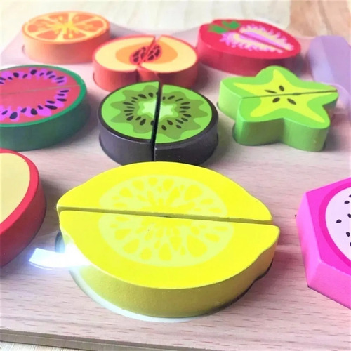 Juego Para Cortar Frutas Madera Grande Didáctico Con Abrojo Color