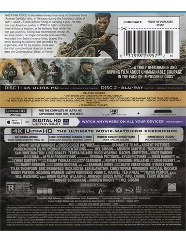 4k Ultra Hd + Blu-ray Hacksaw Ridge / Hasta El Ultimo Hombre