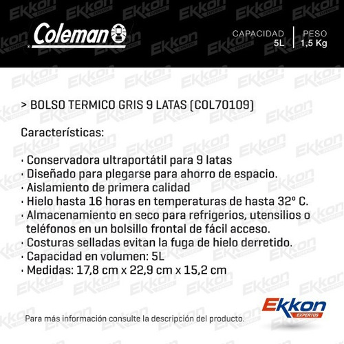 Imagen 2 de 10 de Bolso Termico Gris 9 Latas Coleman (col70109)