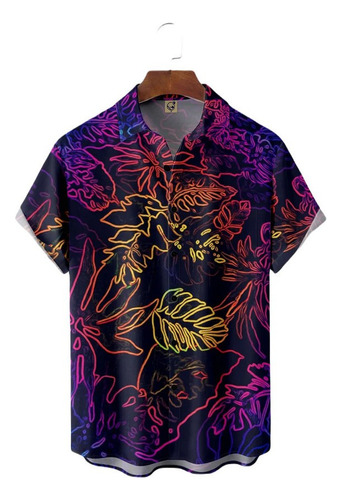 Camisa Hawaiana Unisex De Neón Con Hojas De Palma, Camisa De