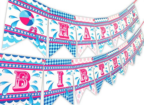 Splish Splash Pink Happy Birthday Banner Banderín De F...