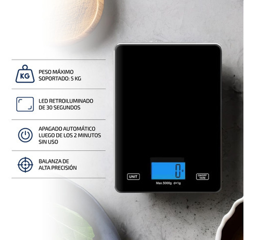 Imagen 3 de 10 de Balanza Digital Cocina Alimentos 5kg Alta Precision Femmto Color Negro