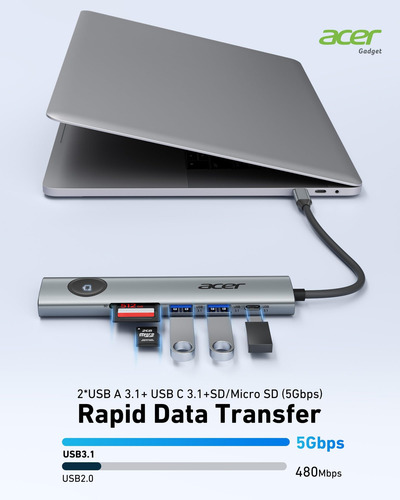 Acer Usb C Hub, Adaptador Usb C A Hdmi 7 En 1, Hdmi, 2 Puert
