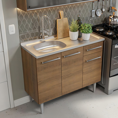 Armário Cozinha Compacta 165cm Com Pia Emilly Madesa 05 R Cor Rustic