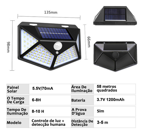 Kit 4 Luminária Solar 100 Led Com Sensor Jardim Prova D'água