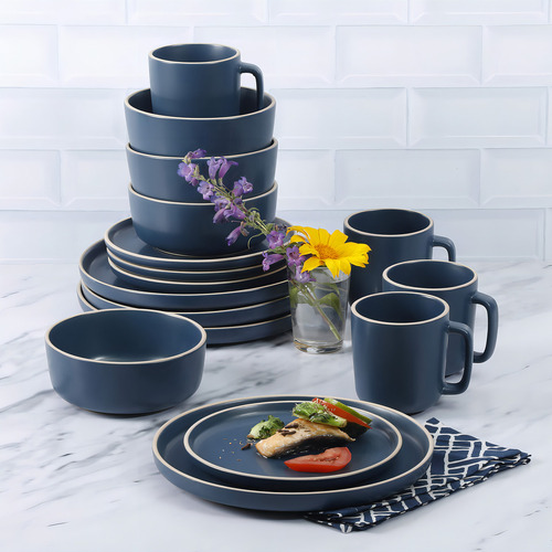 Gibson Home Zuma 127342.16r - Juego De Vajilla Redonda De Cocina De 16 Piezas, Platos, Tazones, Tazas, Servicio Para 4, Gres Mate, Azul Cobalto