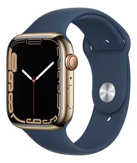 Apple Watch Series 7 (GPS + Cellular, 45mm) - Caixa dourada de aço inoxidável - Pulseira esportiva Azul-abissal