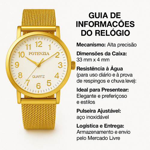 Relógio Feminino Prova D Água + Kit Colar E Brincos + Caixa Dourado Prata Branco