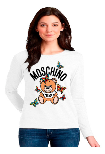 Polera Manga Larga 100% Algodón Oso Moschino Con Mariposas