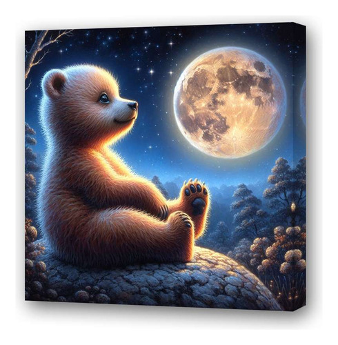 Cuadro 20x20cm Oso Bebe Mirando Luna Tierno Estrellas M2