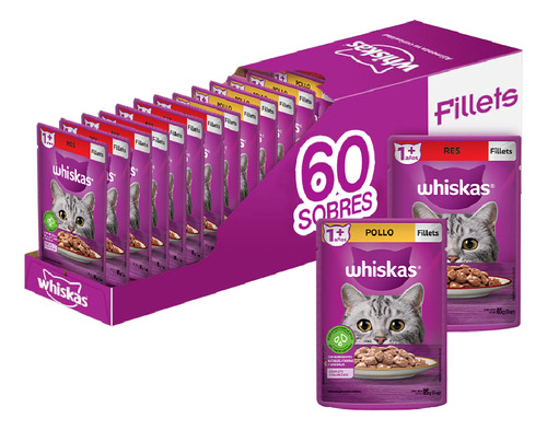 Whiskas alimento húmedo gato carne y pollo 60 sobres