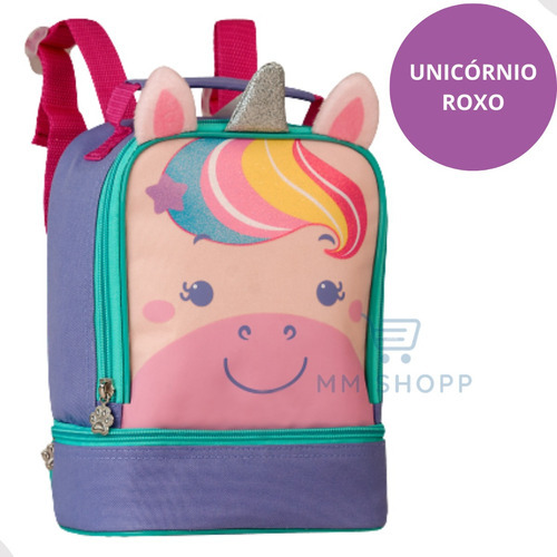 Lancheira Bolsa Térmica Infantil Menina Escolar Com Alça Cor Roxo Unicórnio