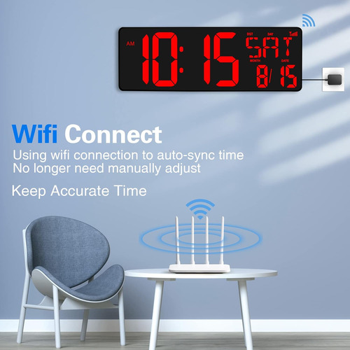 Reloj De Pared Digital Grande Sincronización Wifi, Rel...