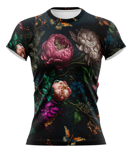 Remera Dama Fondo Oscuro, Flores Rosadas Mod 6 Irarte 