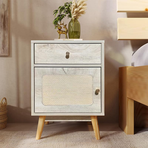 Mesita De Noche De Ratán Y Madera Con Cajón, Bohemia