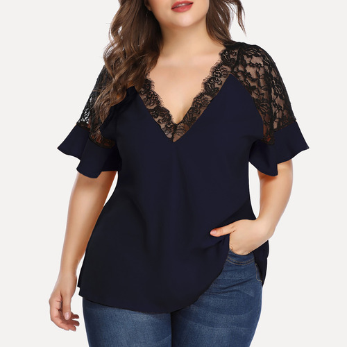 Playera De Mujer, Talla Grande, De Chifón, Cuello En V, Enca
