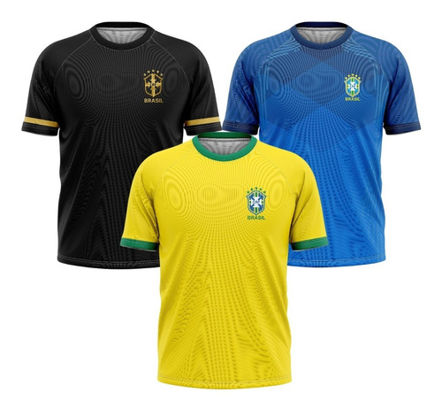 Kit 3 Camisas Brasil Dry Fit Camiseta Amarela, Azul, Preta