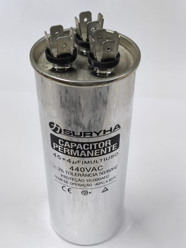 Capacitor Duplo 45+4uf 440v Em Alumínio Marca Suryha