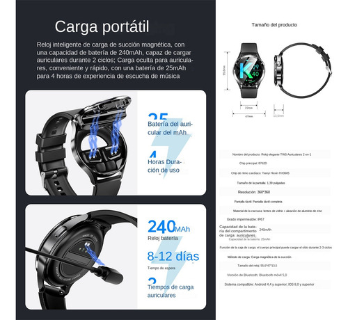 Auriculares Bluetooth 2 En 1 Para Reloj Inteligente Con Nfc