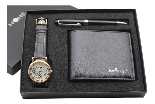 Set Ejecutivo Para Hombre, Reloj Maquinaria Cartera Y Pluma 