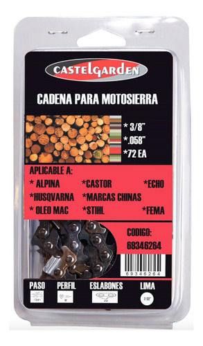 Cadena Motosierra Armada Castel Garden 3/8 058 X 72 Cadenas