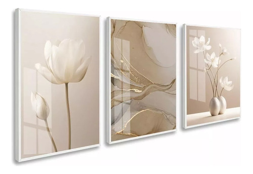 Kit Quadros Decorativos Flores Bege Abstrato 50x70 C/ Vidro