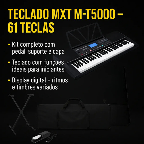 Kit Teclado Mxt M-t5000 61 Teclas + Suporte + Pedal + Capa Cor Preto