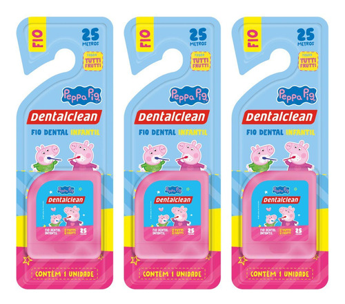 3 Fio Dental Infantil - Peppa Pig - 25m - Rosa - Dentalclean