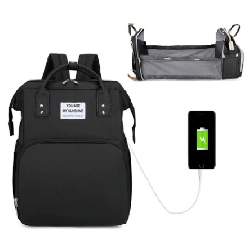 Bolsa Mochila Criança Vira Chiqueirinho Com Bolso Térmico Cor Preto Desenho Do Tecido Liso