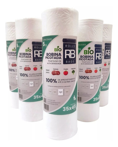 Kit 4 Bobina Plástico Picotado 35x45 Para 5kg Fundo Reto