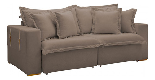Sofá Cama 3 Lugares Arizona Retrátil Veludo Bege Escuro