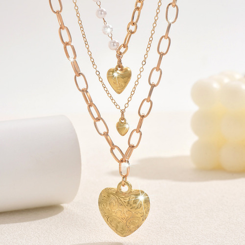 Cadena De Corazón Multicapa Con Temperamento De Perla