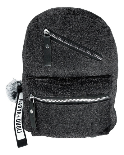 Mochila Feminino Paetê Brilhosa Com Chaveiro Pompom Fashion Cor Preto