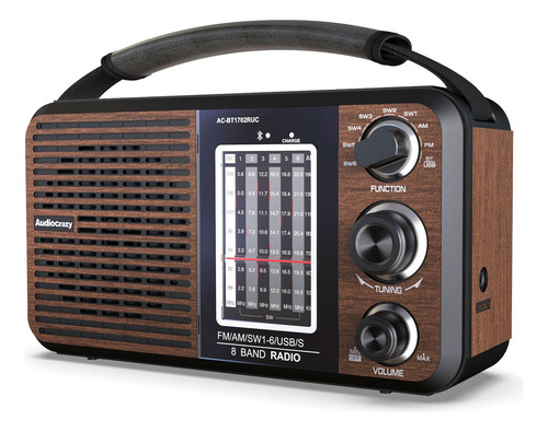 Audiocrazy Am Fm Radio Portatil De Onda Corta Con Bluetooth,