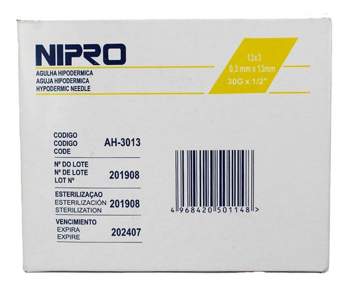 Aguja HiPodérmica 30g X 1/2  - Caja X 100 Unidades - Nipro