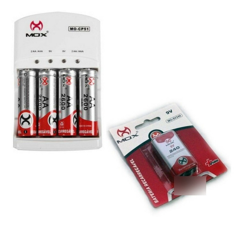 4 Pilhas Aa + 1 Bateria Recarregável 9v Mox + Carregador