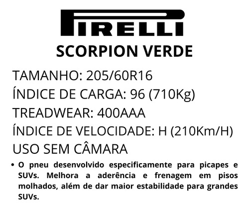 Kit 2x Pneu 205/60r16 Scorpion Verde Pirelli 96h Aro 16