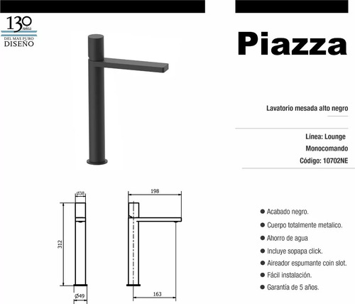 Grifería Lavatorio Pico Alto Monocomando Negro Piazza + Acc