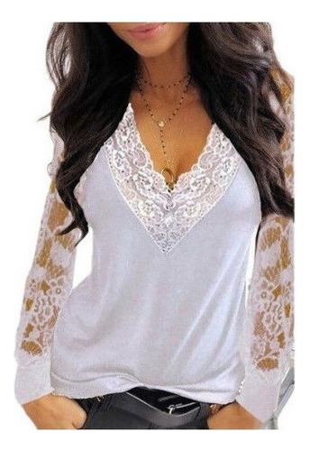 Mujeres Cuello V Profundo Encaje Manga Larga Camiseta