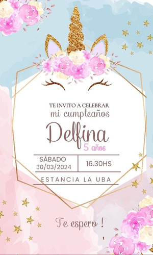 Invitación Tarjeta Digital Unicornio Pastel Para Whatsapp