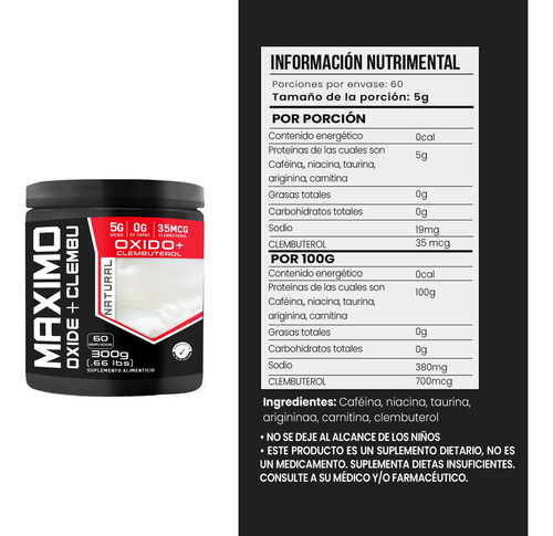 Óxido + Clembu Pre Entreno Maximo Protein 60 Servs 300g Natural