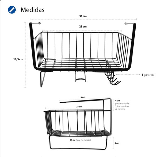 Imagen 5 de 7 de Cesto Canasto Organizador Metal Con Sujetador Cocina Baño