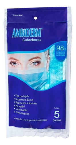 Cubrebocas Ambiderm Adulto Azul 10 Bolsas Con 5 Piezas