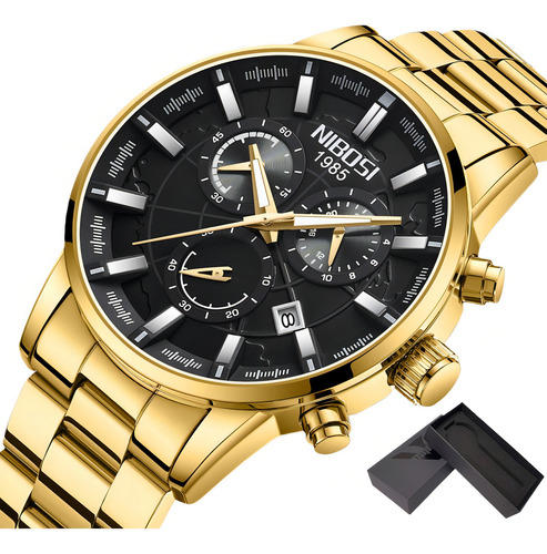 Relógio Nibosi Calendar Chronograph Business Quartz Fundo Dourado/preto