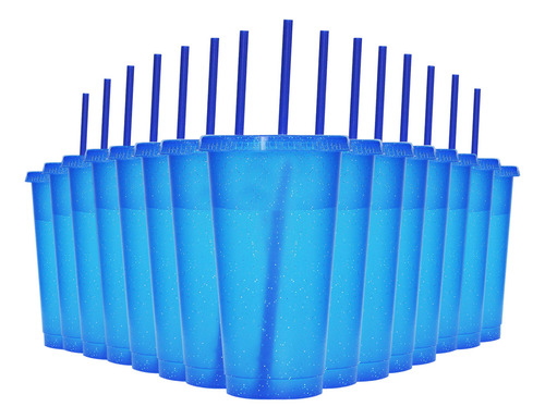 Vasos Reutilizables De 24 Oz Con Tapa Y Popote, 15 Piezas Color Azul Oscuro