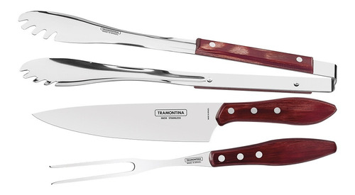 Jogo Para Churrasco Com 3 Peças Aço Inox e Cabo de Madeira Tratada Polywood Vermelho Tramontina