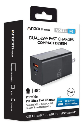 Cargador De Pared Volta P6 Ultra Rápido 65w Usb-c + Usb -a