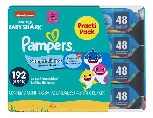 Pack de lenços umedecidos Baby Shark Splash com 4 pacotes de 48 unidades cada Pampers