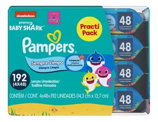 Pack de lenços umedecidos Baby Shark Splash com 4 pacotes de 48 unidades cada Pampers