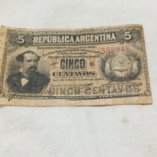 Antiguo Billete Republica Argentina 5 Ctvos Año 1883 (Usado)
